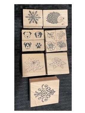American Crafts Wooden Pet & Floral Stamp Set - Natural